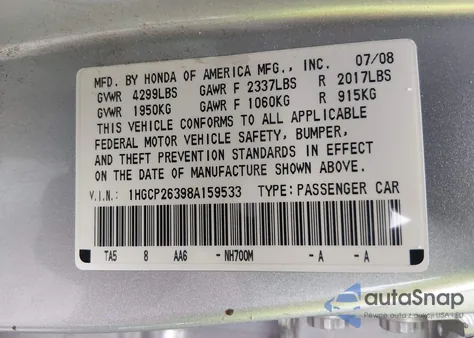 2008 Honda Accord 2.4 Lx z USA, uszkodzony, nr VIN 1HGCP26398A159533